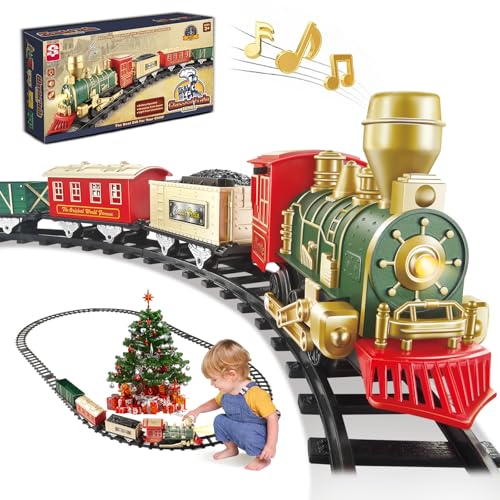 Electric Christmas Train Set w/Lights and Sounds, Kids Train for Christmas Tree with 3 Cars & 10 Train Tracks, Toddler Model Train for 3 4 5 6 7 8+ Years Old Boys Christmas Train Toys Gifts