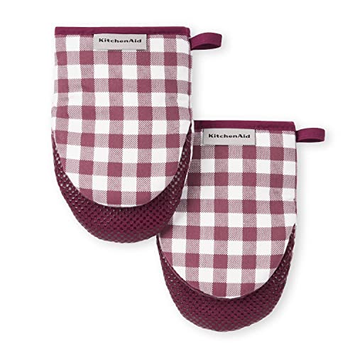 KitchenAid Gingham Cotton Mini Oven Mitt 2-Pack Set, Passion Red, 5.5