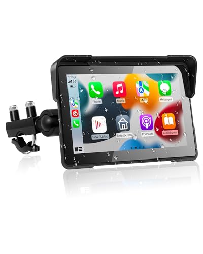 Motorcycle CarPlay Screen, 7 Inch Waterproof Touchscreen, Portable Carplay & Android Auto GPS Navigation Screen for Motorbike,Support Dual Bluetooth, Car GPS, Siri, G00gle Assistant, TF-128G