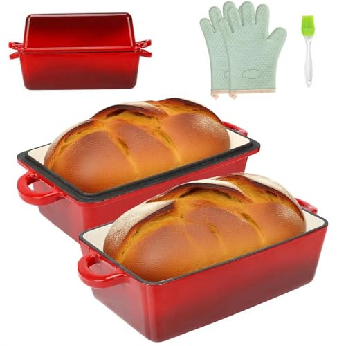 9x5 Inch Enameled Cast Iron Loaf Pan with Lid | 2 in 1 Homemade Sourdough Bread Baking Pan for Homemade Bread, Cake, Meatloaf | Durable 2 Piece Set, Red color