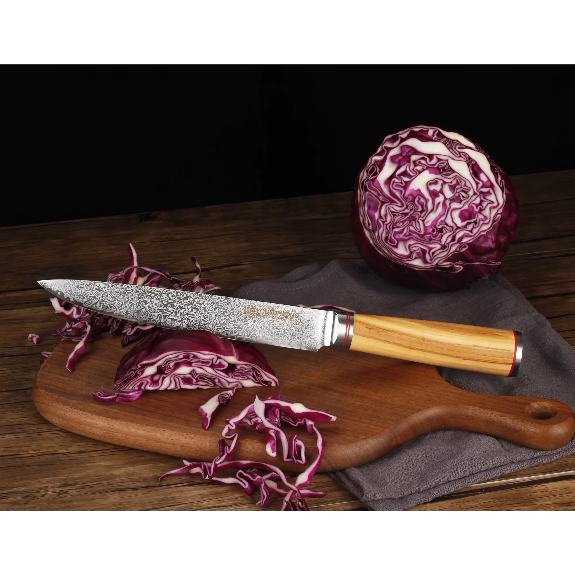 YOUSUNLONG Carving knife 8 Inch - Damascus Steel and Italian Olive Wood Fillet Knife