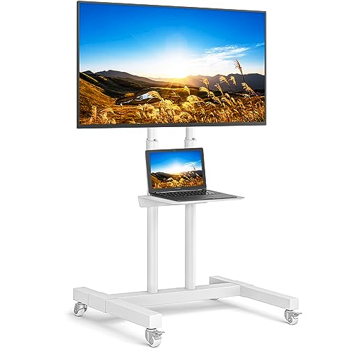 Mobile TV Stand with Wheels for 32-83 Inch LCD LED Curved/Flat Screens TVs up to 110 lbs, Height Adjustable Rolling TV Cart with Shelf, Portable Floor TV Stand, Max VESA 600x400mm, White