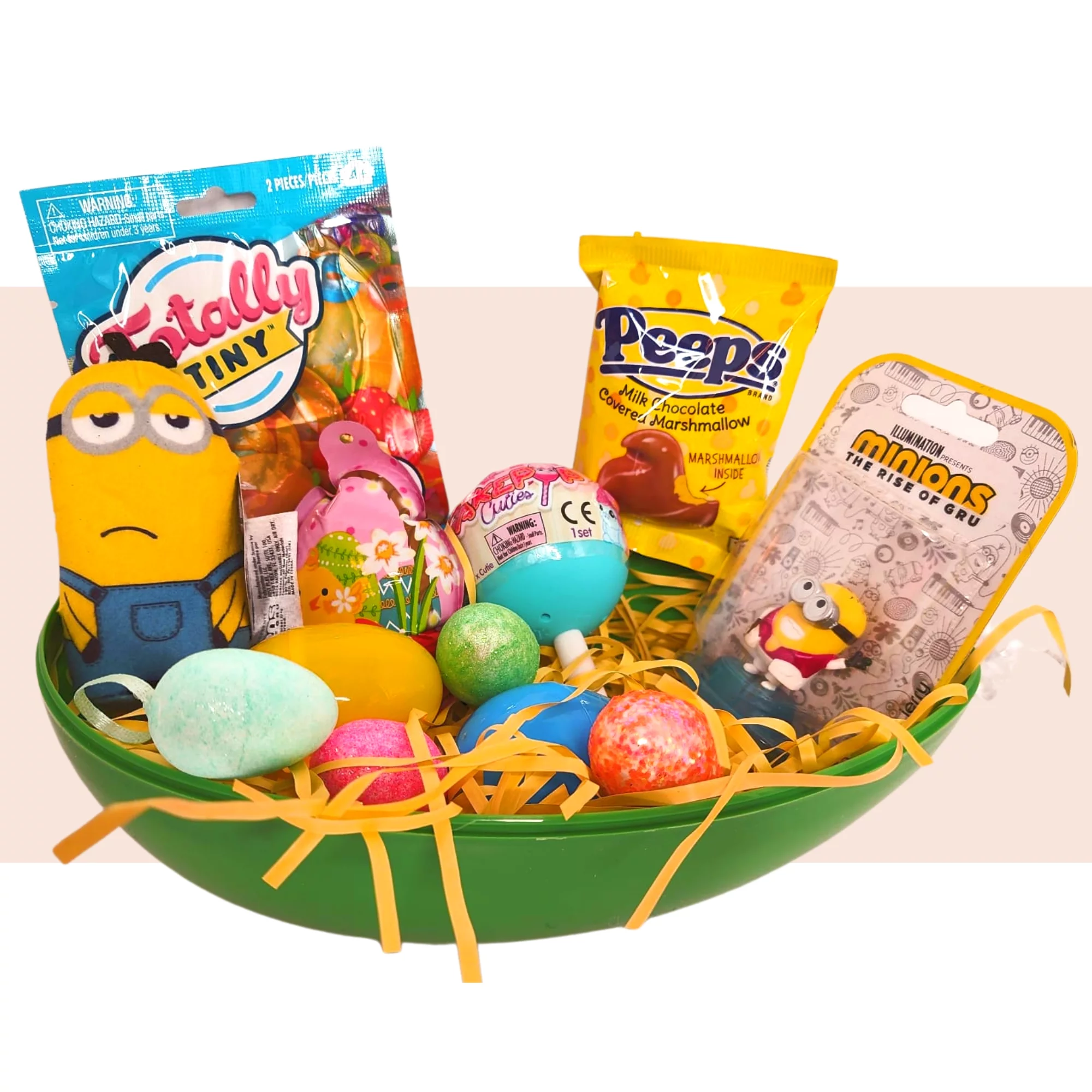 Happy Easter Basket Pre-Filled Surprise Jumbo Egg with Minions Plush Toy Kiddy Dough Figure Eggs Candies Gifts & Reusable Plastic Egg-Shaped Container Kids Spring Party Favors ( Contents May Vary)