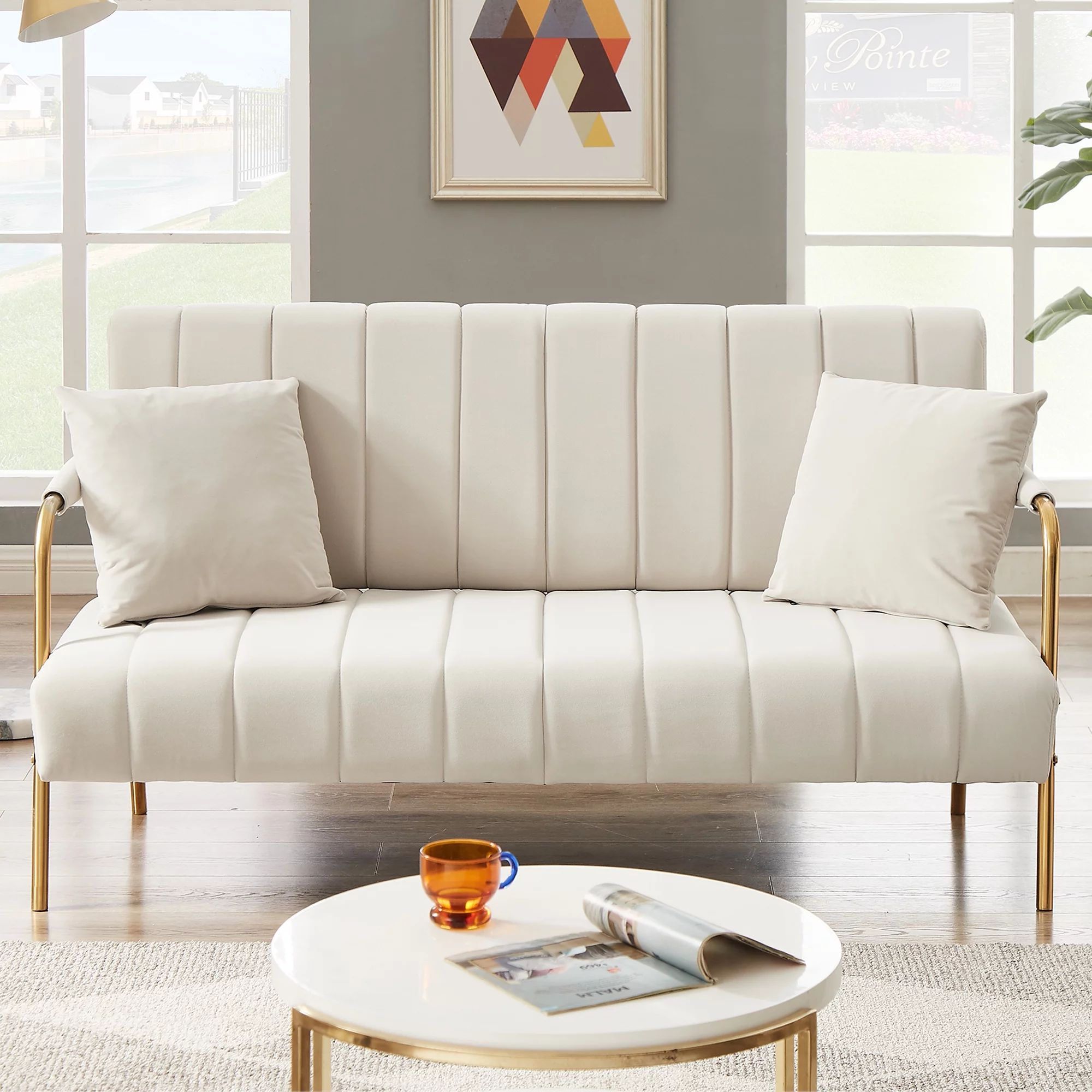 HSUNNS Loveseat Sofa, Modern Love Seat Couches for Living Room, Velvet Upholstered Love Seats Furniture with 2 Throw Pillows, Solid and Easy to Install Small Couch for Bedroom, Apartment, Beige