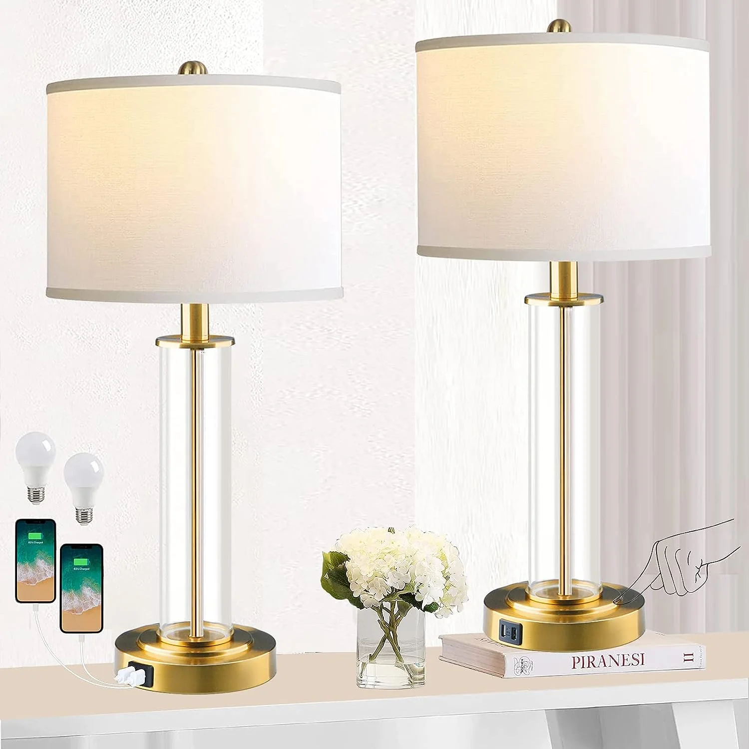 Partphoner Table Lamps for Living Room,Touch Control Gold Lamps for Bedrooms Set of 2,Modern Bedside Table Lamp with Dual USB Ports,Tall Nightstand lamp with Whites Lampshades (2 Bulbs Included)