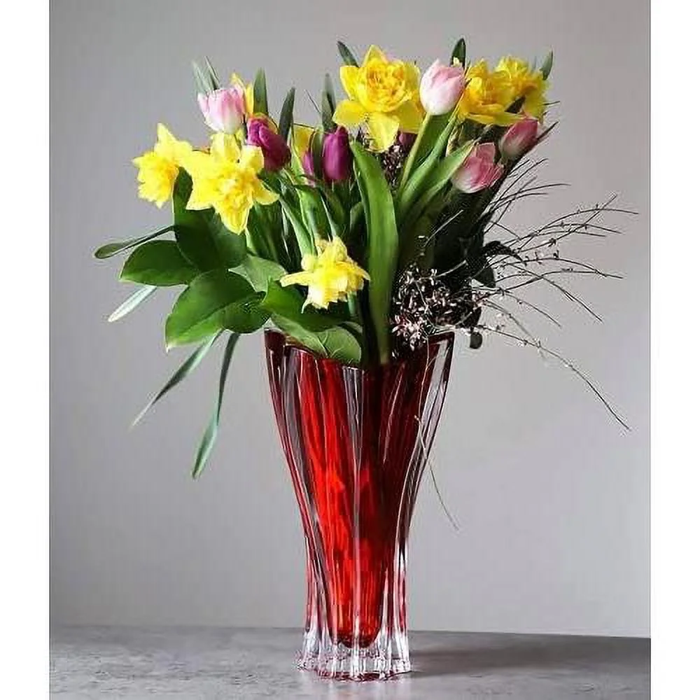 Bohemian Crystal Glass Vase 12''-Height Red ''Plantica'' European Design Centerpiece Flower Vase Home Decor Wedding Birthday Housewarming Anniversaries