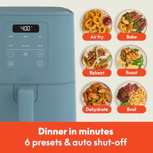 bella 4Qt Slim Air Fryer, Fits-anywhere™ Kitchenware, EverGood™ Ceramic Nonstick Coating, Adjustable Temperature, 6 Preset Cooking Options, 60 Min Auto Shutoff w Audible Tone, 3.3lb Capacity, Oatmilk