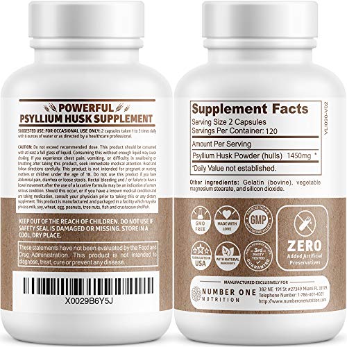 N1N Premium Psyllium Husk Capsules [All Natural,1450 MG] Powerful Soluble Fiber Supplement to Support Regularity and Digestive Health, 240 Caps
