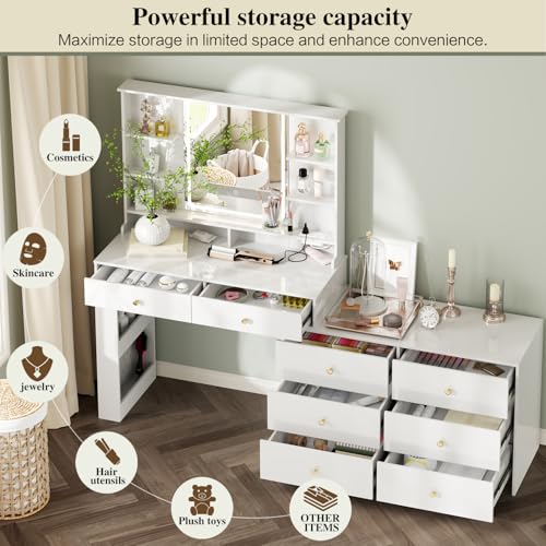 Large Makeup Vanity Desk with Mirror and Lights, Vanity Desk with 8 Drawers & Storage Shelves, Vanity Table with Power Outlet, 3 Color Modes & Adjustable Brightness Dressing Table, Bedroom,White2