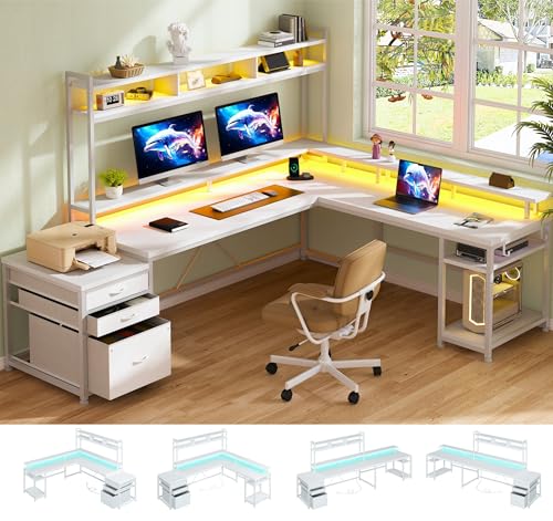 EnHomee Large L Shaped Gaming Desk with Hutch and Drawers, 64