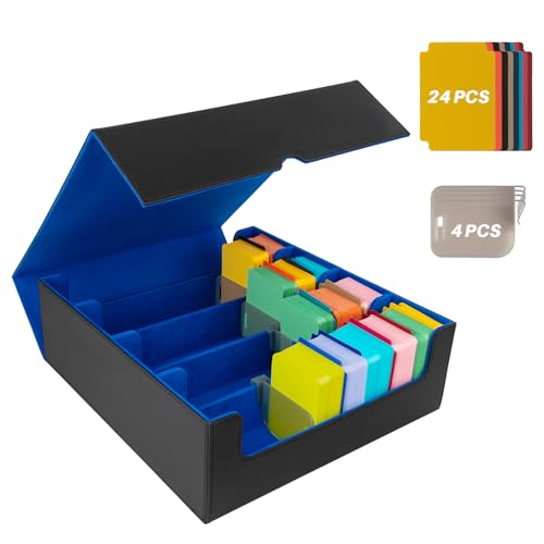 3000+ Collectible Trading Card Cases, 4 Rows Deck Case with 24 Pcs Dividers & 4 Supporters, PU Leather Fits MTG, Game & Sport Cards (Black & Grey)