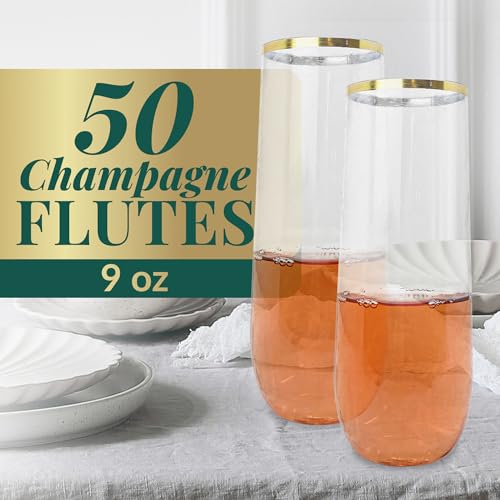 Reli. Plastic Champagne Flutes (50 Pack, 9oz) Clear w/Gold Rim, Stemless | Disposable Champagne Flutes for Champagne, Mimosa, Cocktail, Wedding | BPA-Free Champagne Glasses Plastic, Shatterproof