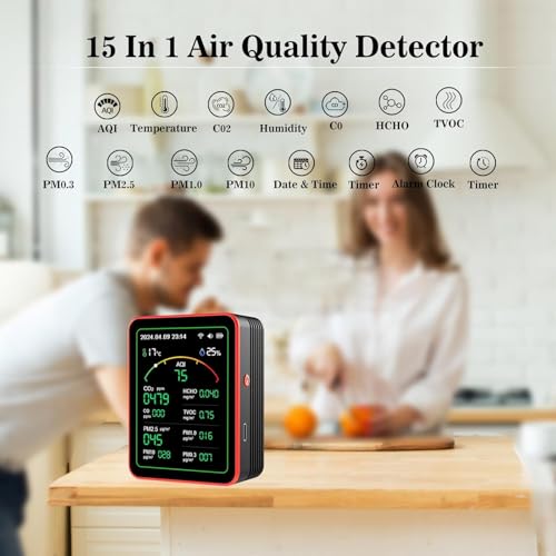 Air Quality Monitor, 15-in-1 Smart Air Quality Tester with PM, CO2, CO, TVOC, HCHO, PM, AQI, Temperature & Humidity, Timer, Real Time Display, Battery Powered, for Home & Office