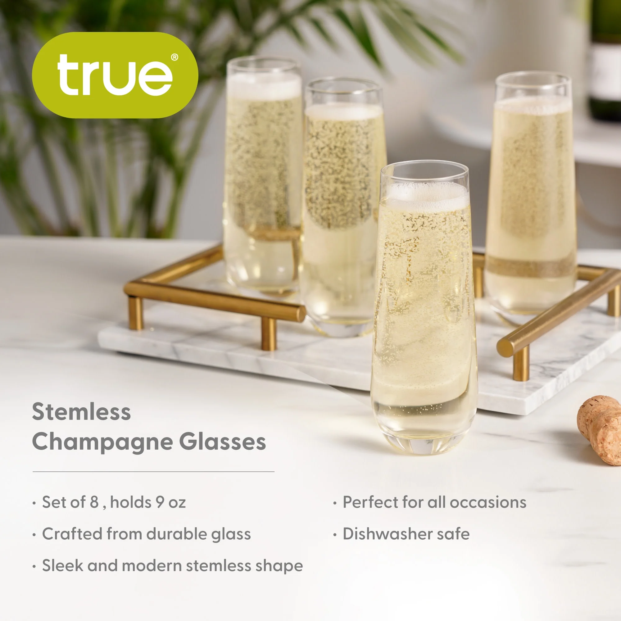 True Stemless Champagne Flutes Glasses, Stemless Mimosa Glasses, Wine Flutes Glass 9oz Set of 8