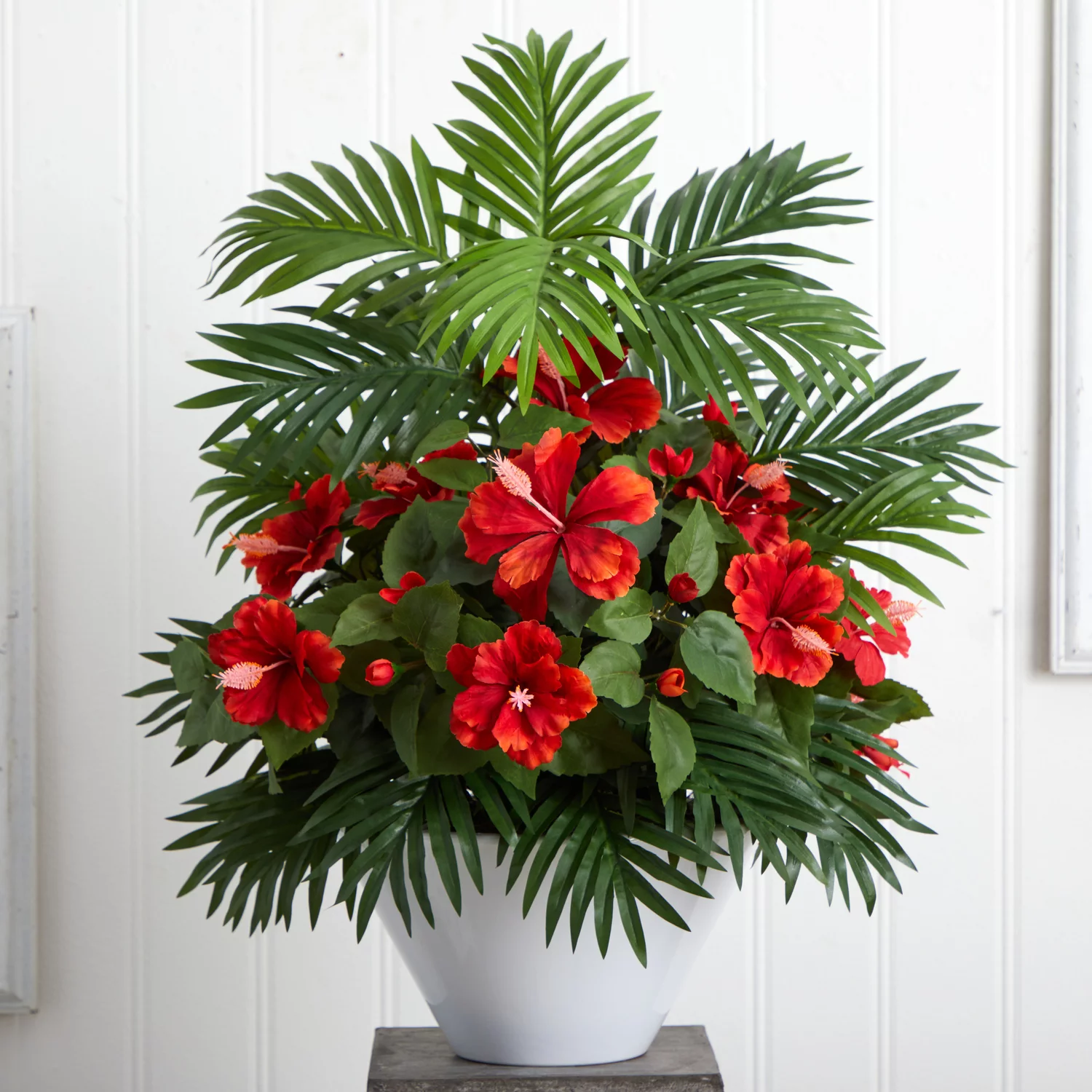 Nearly Natural Hibiscus and Areca Palm Artificial Plant in White Bowl