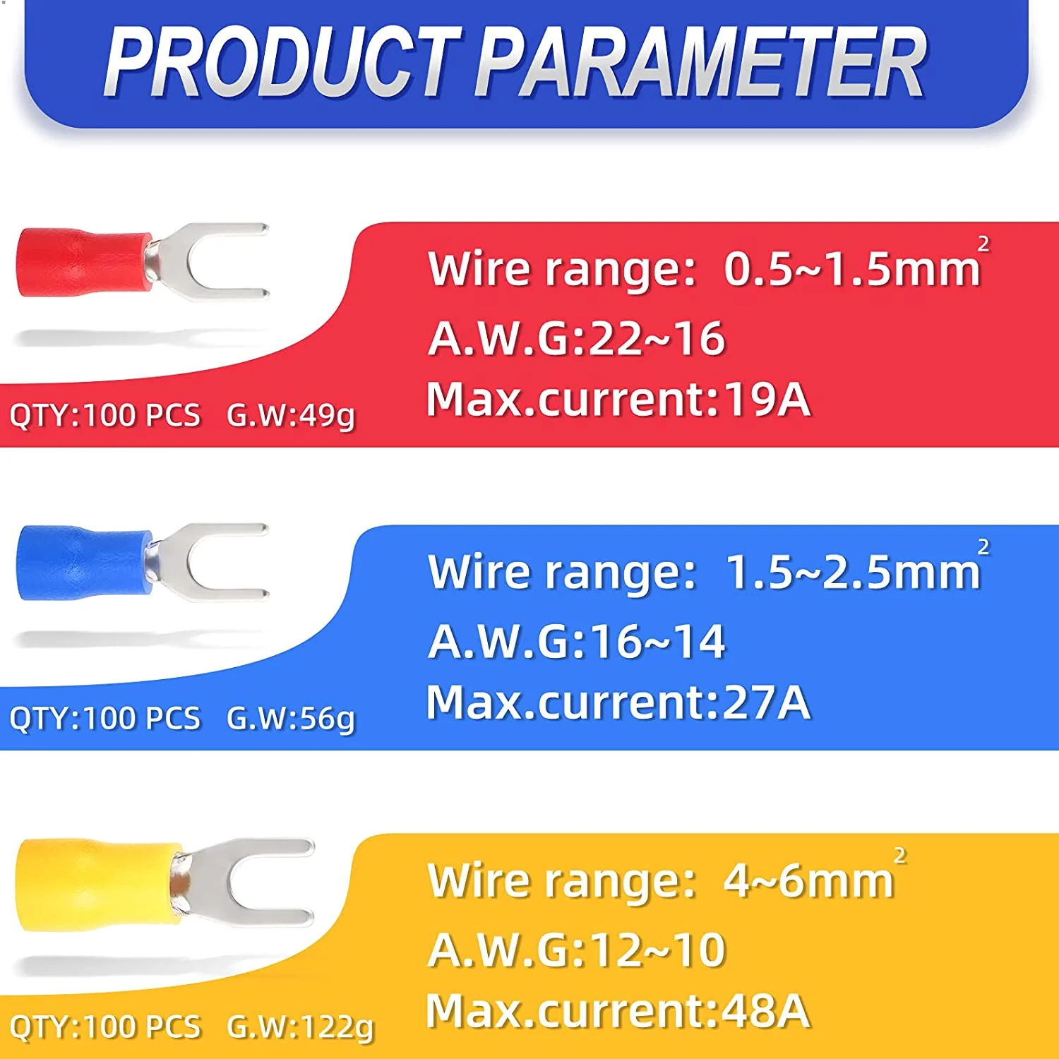 300 Pcs 22-16 16-14 12-10 AWG Insulated Fork Spade U-Type Wire Connector Electrical Crimp Terminal
