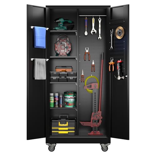 Garage Storage Cabinet, Metal Storage Cabinet with 1 Locking Door and 2 Drawers, Heavy Duty Rolling Workbench Table with Wheels and Pegboards for Garage, Office and Tool Room