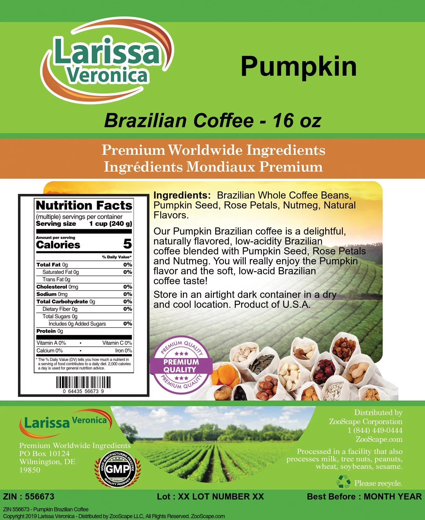 Larissa Veronica Pumpkin Brazilian Coffee, (Pumpkin, Whole Coffee Beans, 16 oz, 3-Pack, Zin: 556673)