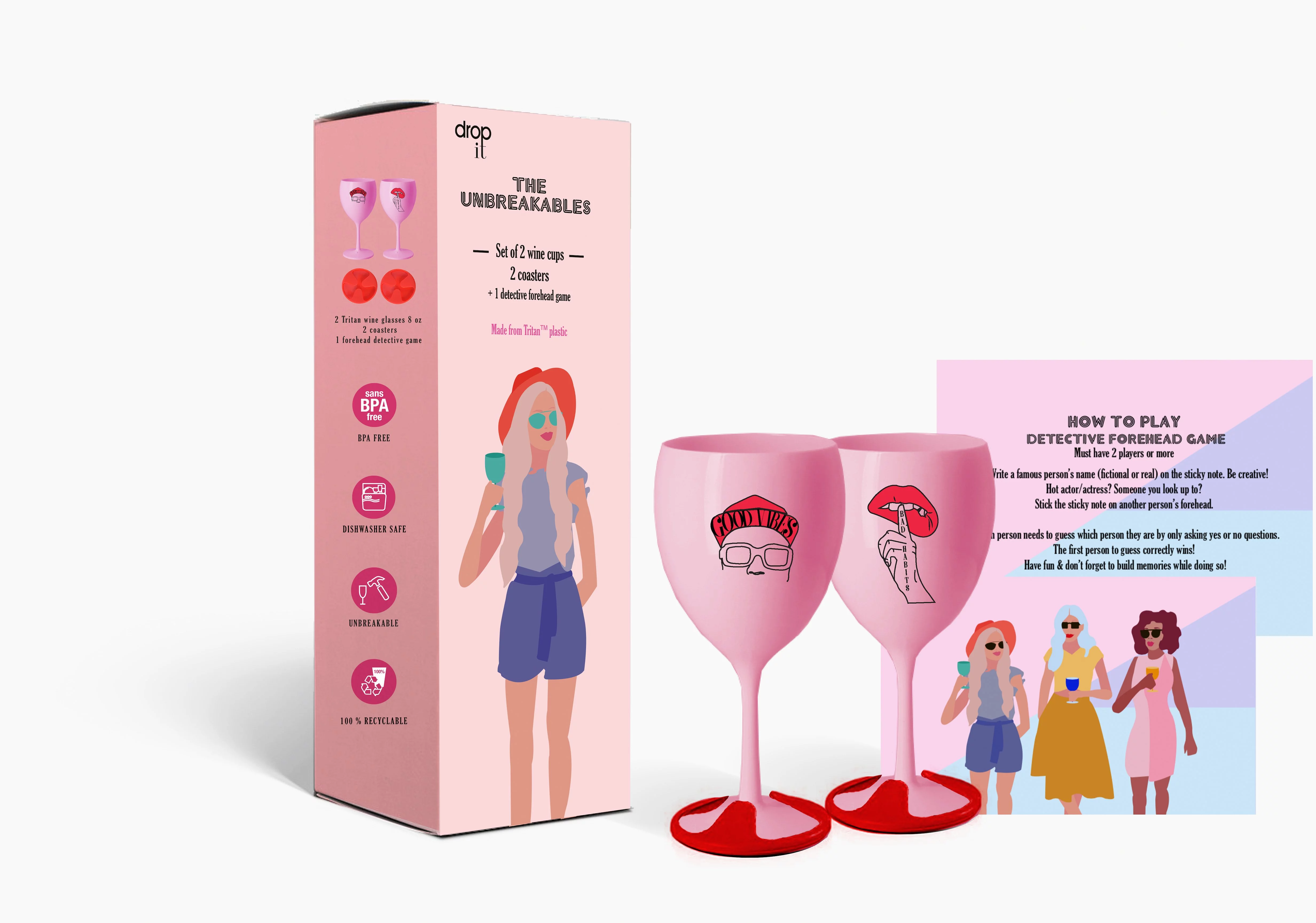 The Unbreakables - Party Mix including 2 plastic wine glasses with coasters & a game