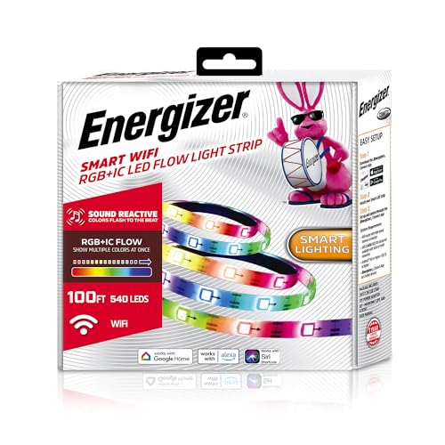 Energizer Smart RGB+IC LED Light Strip, 25 Foot Indoor Wi-Fi Color Flow LED Light Strip, Sound Reactive, Remote Access, Voice Control with Alexa, Siri, Google, Grouping, Scheduling, No Hub Required