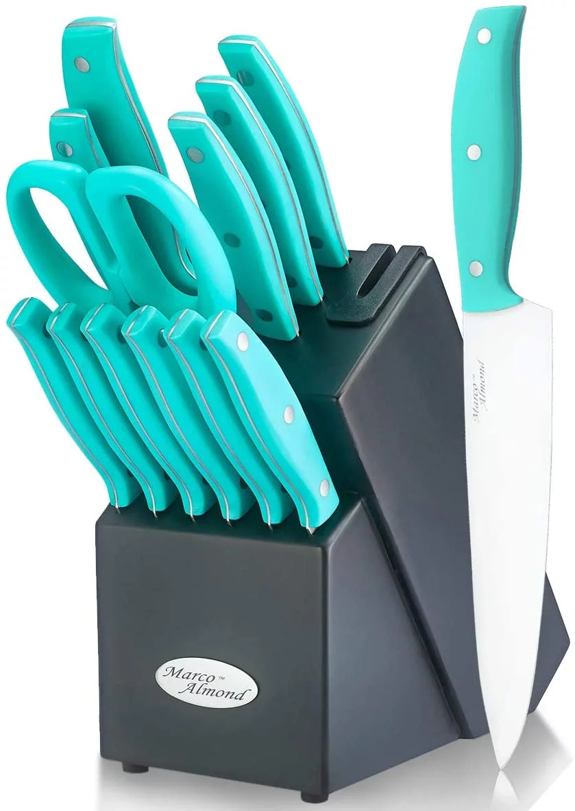 Marco Almond 14pcs Kitchen Cutlery Knife Block Set Built-in Sharpener