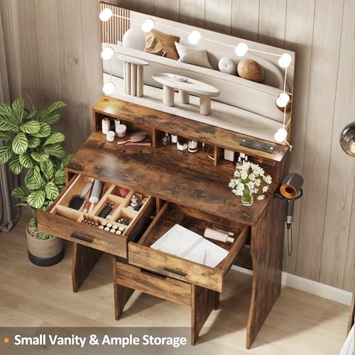 Vabches Vanity Desk with Mirror and Lights,Makeup Vanity with Storage Chair & Drawers,9 Hollywood Bulbs & 3 Lighting Modes,Dressing Table Set with Power Strip for Girls Bedroom,Black