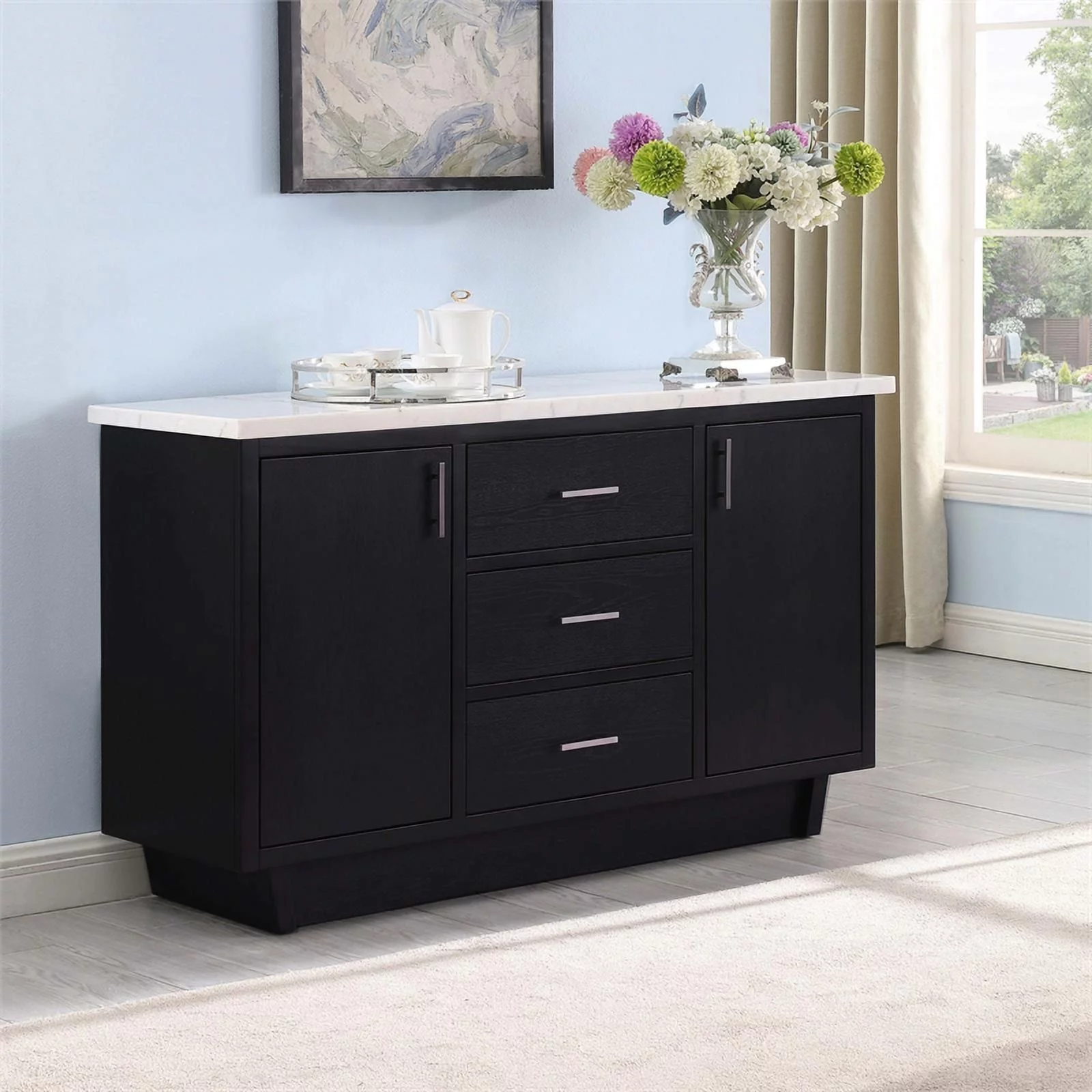 Maklaine 3-drawer Marble Top Dining Sideboard Server White and Espresso