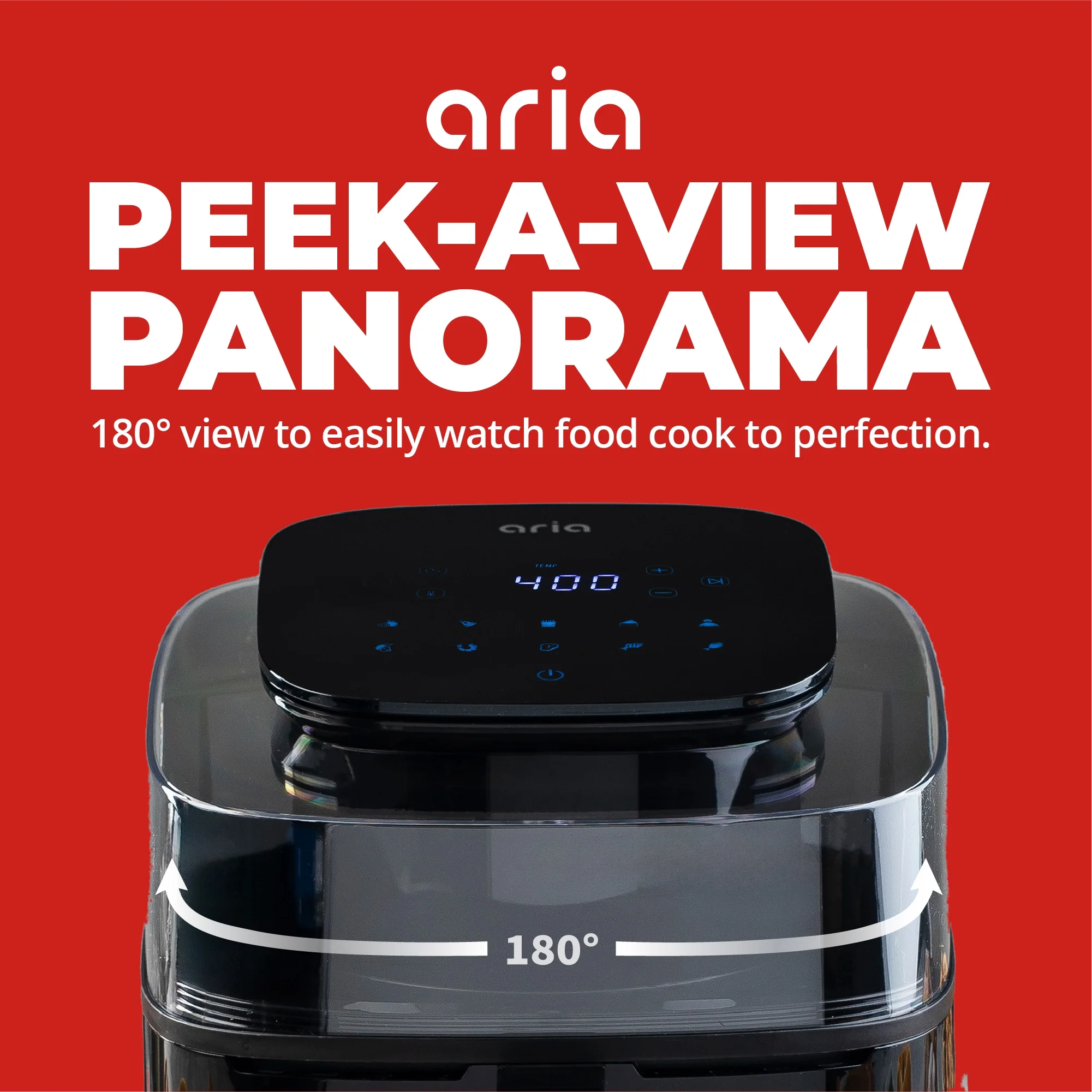Aria 6Qt Panoramic Air Fryer with 180-Degree View, Touch Screen, 10 Presets, and Dishwasher-Safe Basket