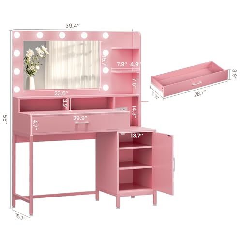 Vanity Desk with Mirror and Lights, Makeup Vanity with Storage Drawer, Power Outlet and Large Cabinet for Bedroom - White