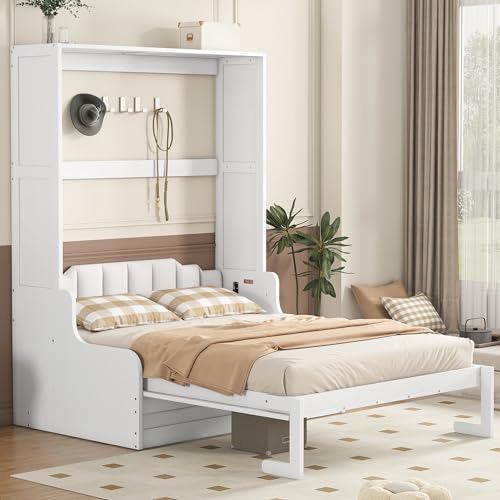 Ball & Cast Murphy Bed Wall Bed Queen Size with Cushion,Sofa Platform Bedfram Chest can be Folded,Wood Folding Hideaway w/Slat Support,Space-Saving Furniture for Guest Room,Study,Office,White