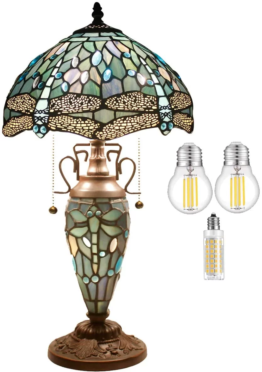 Rustic Tiffany Table Lamp with Nightlight Sea Blue Stained Glass Dragonfly Style Desk Light Vintage Base 22