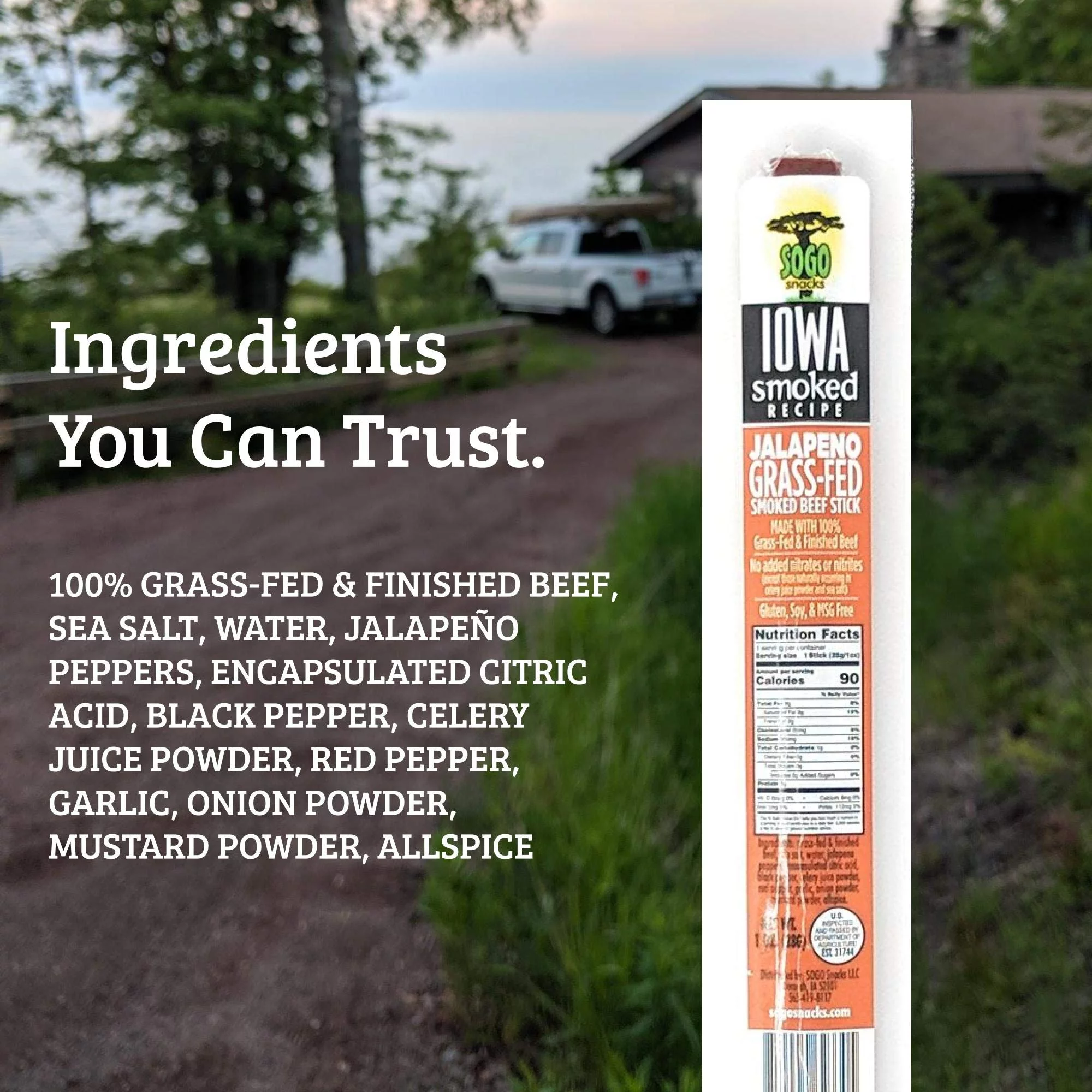 Jalapeno, Sogo Snacks Iowa Smoked, No Sugar, 100% Grass-fed/finished, Non-GMO Beef Sticks. No Added Nitrates, Gluten, Soy, MSG, Dairy, Nuts. Keto, Paleo Friendly (Jalapeno-ISR, 1-oz, 144 Cnt)