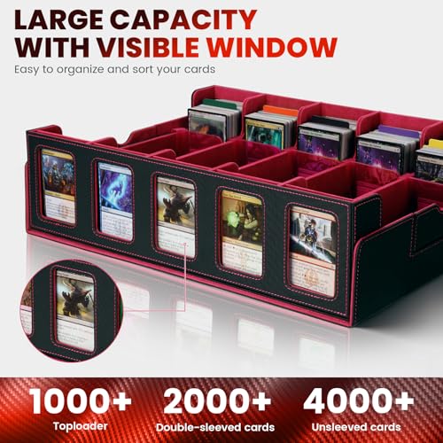 Trading Card Storage Box with Handle,5-Row Portable Leather Deck Case for 4000+ Cards,Purple Card Collection Box with Commander Display Window for MTG,Yugioh, and Sports Cards,Gifts for Card Collector