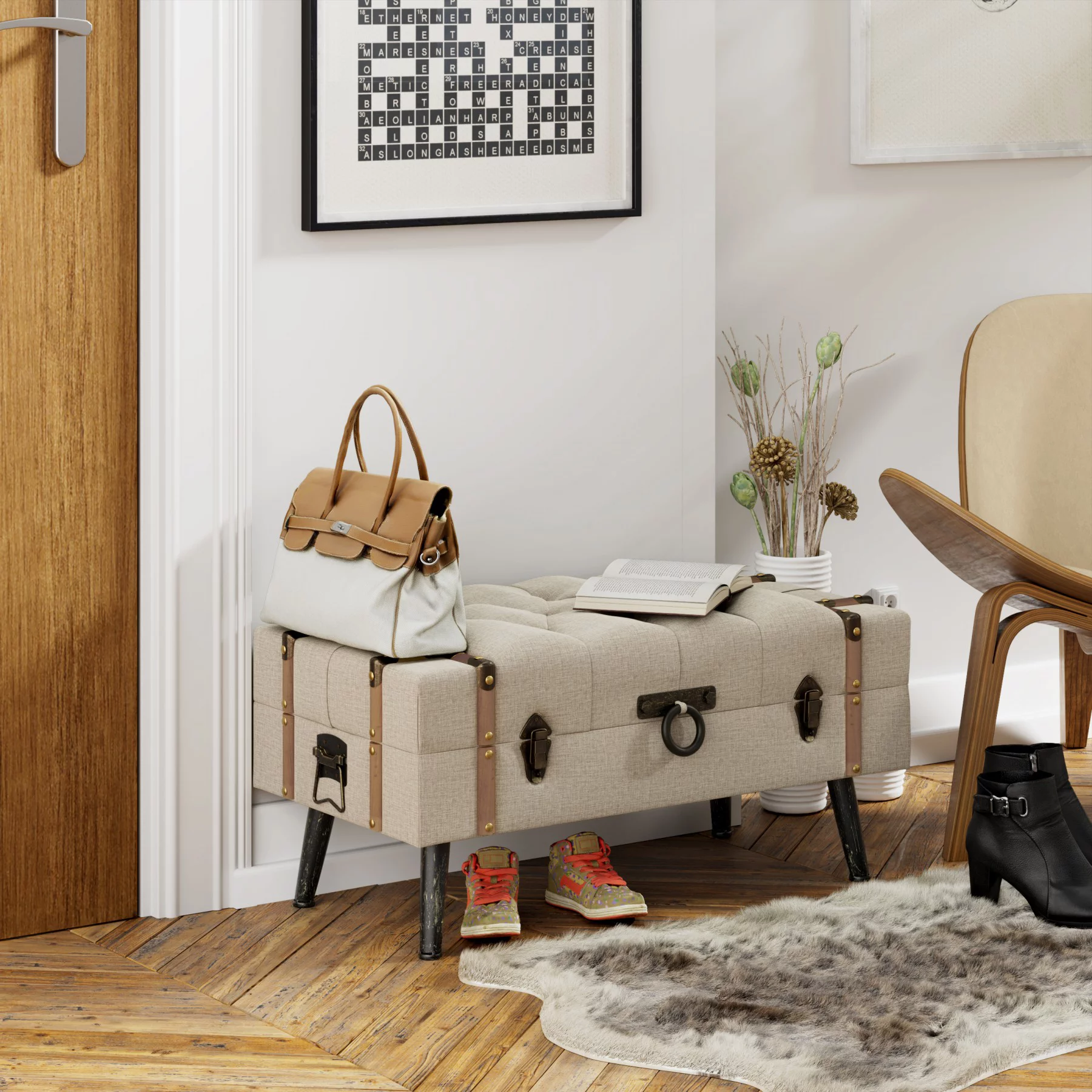 COZAYH Modern Storage Ottoman, Upholstered Button Tufted Storage Bench, Padded Footrest Stool, Toy Chest Home Organizer with Latch Closure and Buckles for Bedroom, Entryway, Hallway