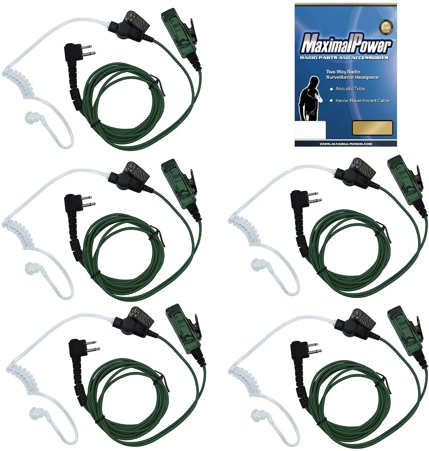 Earpiece For HYT (Hytera) TC-500, TC-508, TC-518, TC-600, TC-610, TC-620, TC-700, TC-700ExPLUS, TC-900 by Maximalpower (5 Pack) Camouflage Surveillance PTT Mic Wire