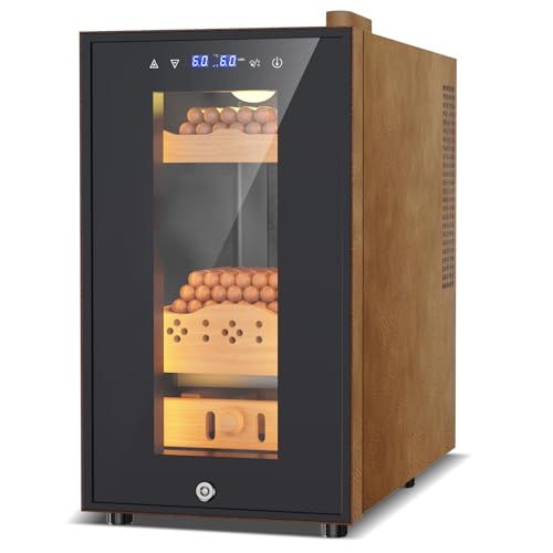 Electric Humidor, 25L 150 Counts Large Capacity,Thermostatic Cooling Humidor Cabinet with Spanish Cedar Wood Shelves, Digital LED Screen, Safety Lock, Father's Day Gift for Men