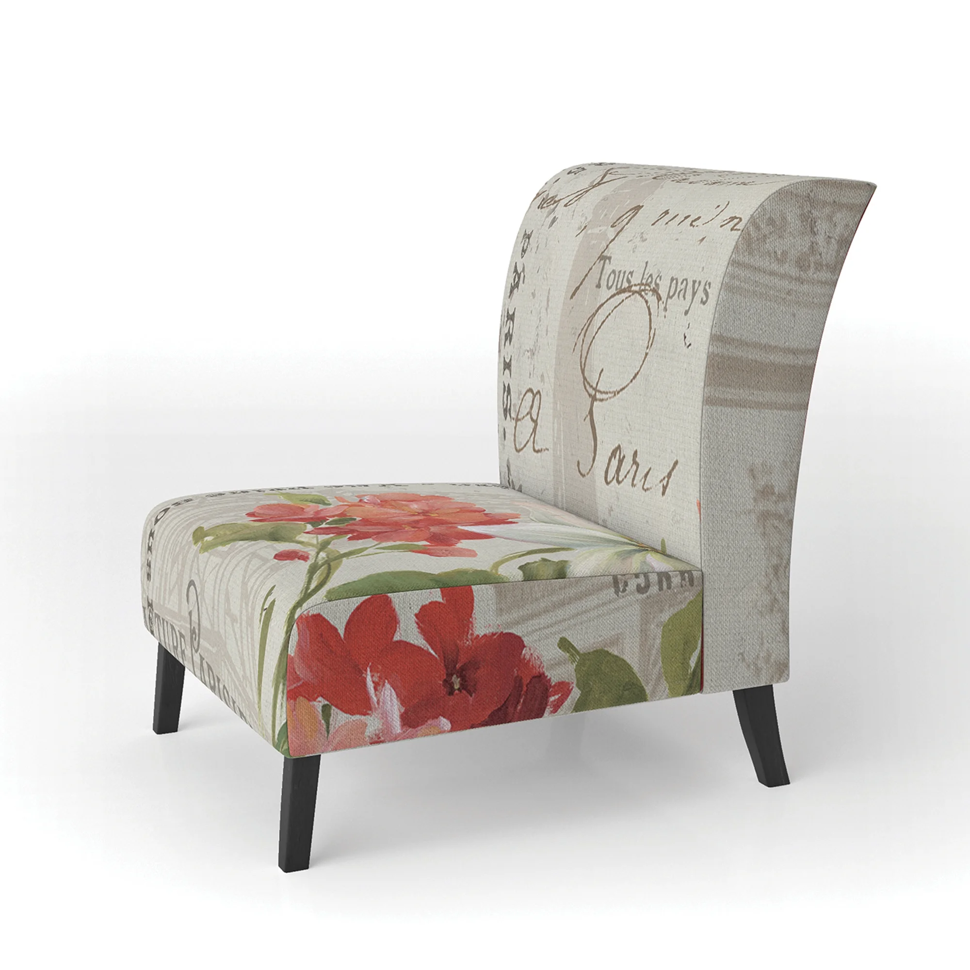 Designart "Red Painted Flowers On VIntage Postcard II" Upholstered Farmhouse Accent Chair - Arm Chair