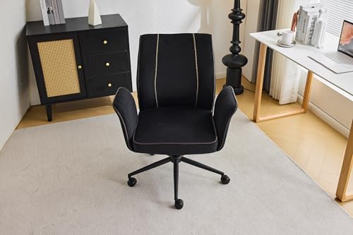 VINGLI Bloom Chair,Comfy Home Office Desk Chair No Wheels,Padded Armrests,Aesthetic Vanity Accent Chair with Back,360° Swivel Rolling for Task,Nail Tech,Dinning,Sewing,Study,Bedroom,Velvet,White