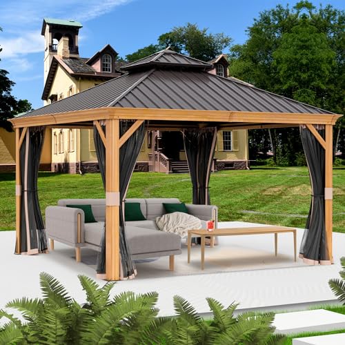 Kozyard Apollo 10’x12’ Hardtop Gazebo, Wooden Coated Aluminum Frame Canopy with Galvanized Steel Double Roof, Outdoor Permanent Metal Pavilion with Netting for Patio, Deck and Lawn (10ft x 12ft)