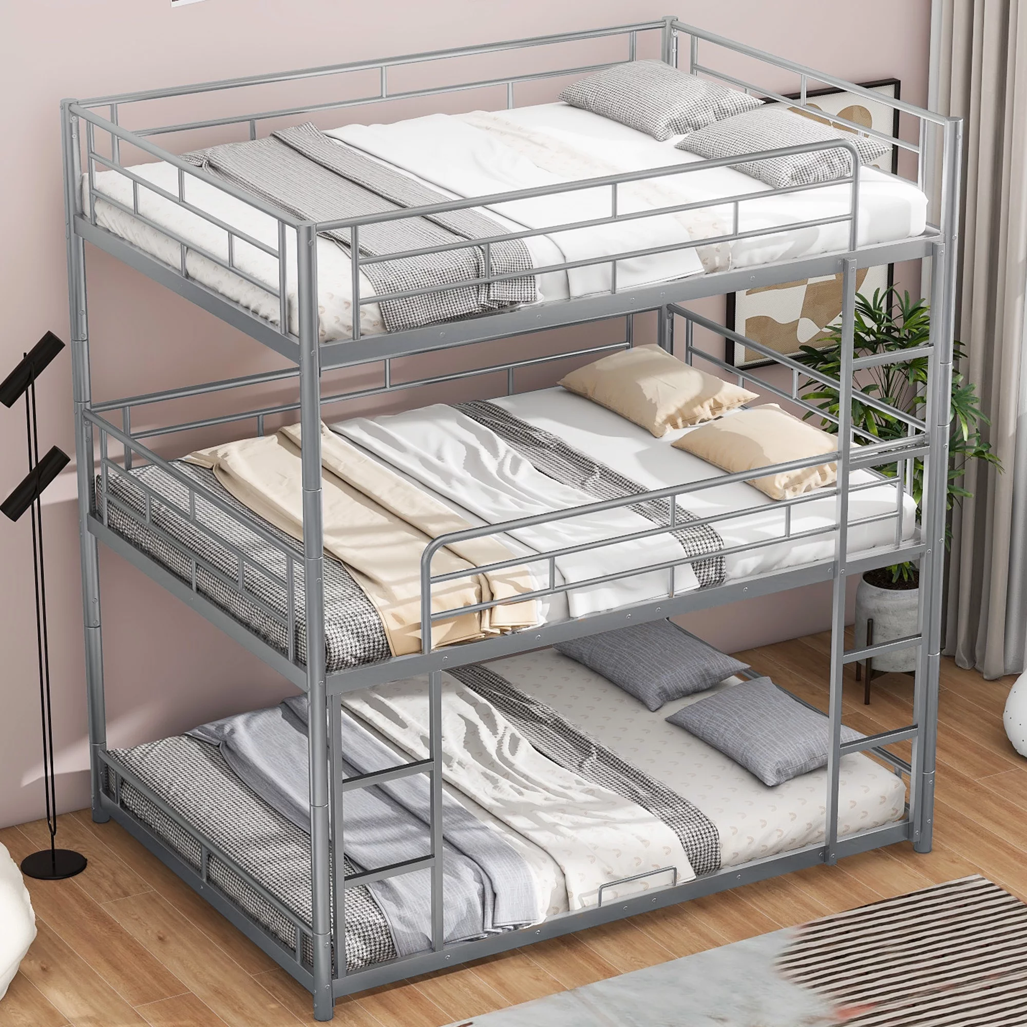 Nestfair Silver Full Size Metal Triple Bunk Bed