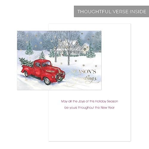 Masterpiece Holiday Greetings Trimmed In Scarlet Christmas Cards / 16 Boxed Snowy Cardinal Wreath Holiday Cards With Silver Foil Lined Envelopes / 5 5/8