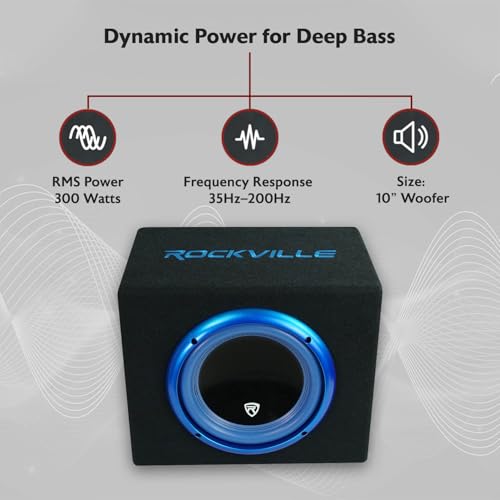 Rockville RVB10.1A 10 Inch 500W Active Car Subwoofer with Enclosure, Built-in Amplifier, Adjustable Bass Boost, Compact Design, for Car Audio Enthusiasts