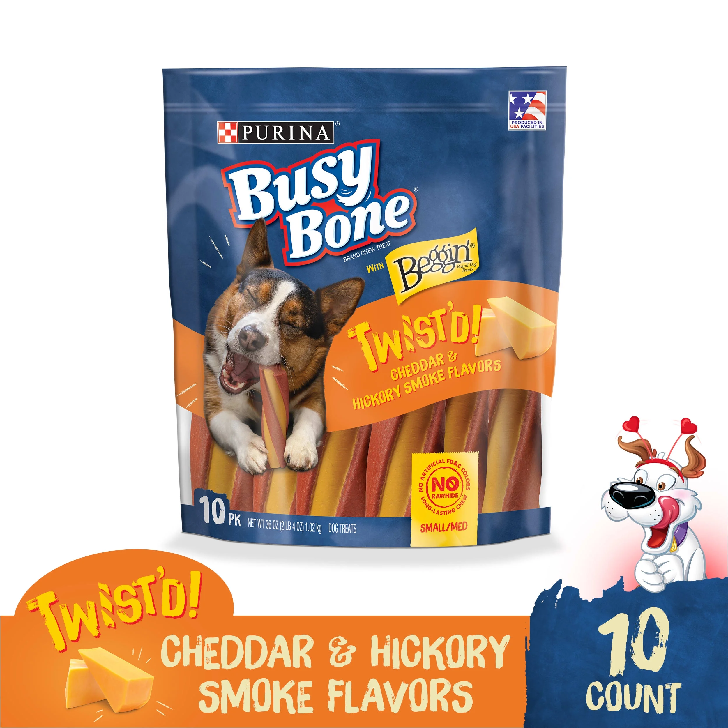 Purina Busy Twist'd Dog Treats, Cheddar & Hickory Smoke Long-Lasting Chews for Small & Medium Dogs, 36 oz Pouch (10 Pack)