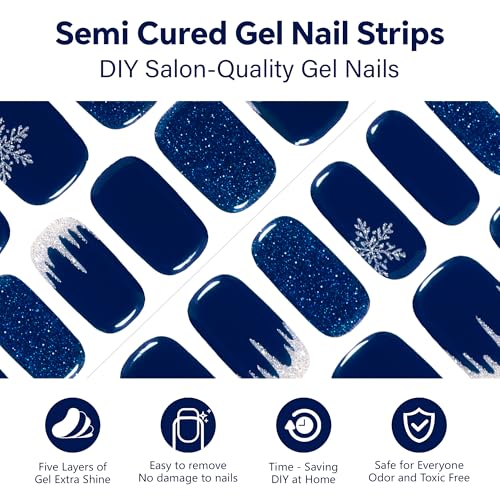 Semi Cured Gel Nail Strips-Easy Apply Christmas Gel Nail Stickers Holiday Semi Cured Manicure Strips with Sparkling Xmas Designs (Classic Yule)