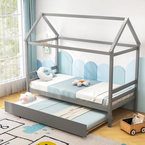 KOMFOTT Twin Size Wood House Bed with 2 Drawers, Wooden Bed Frame with Cube Storage & Fence Rails, Wooden Platform Twin Bed Frame with House-Shaped Roof for Bedroom, No Box Spring Needed (Grey)