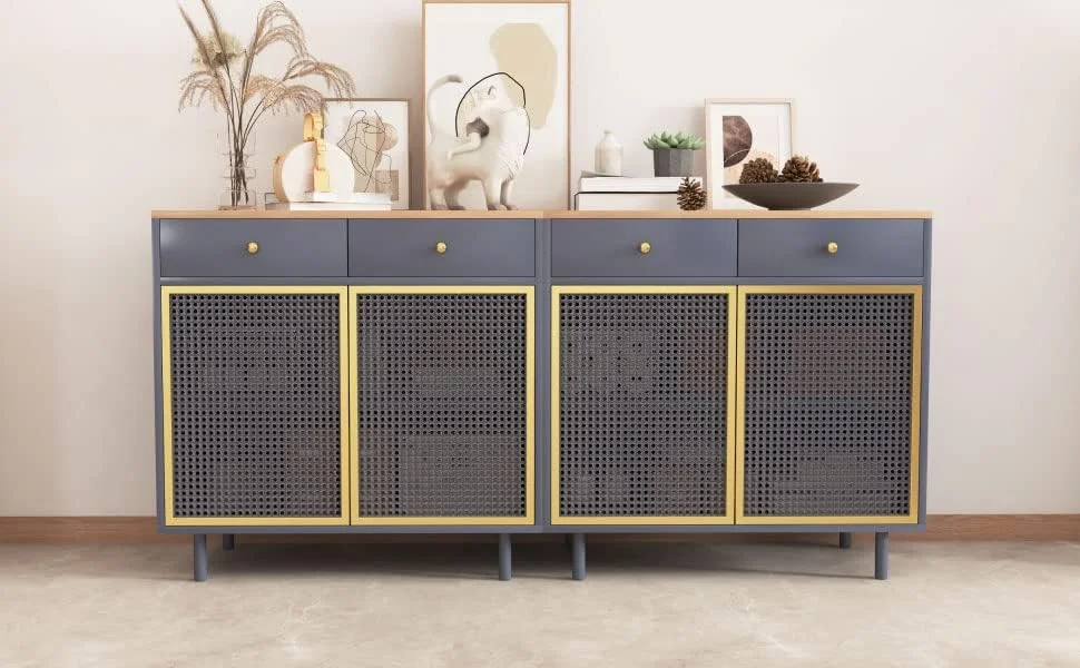 KHBIULIFE Modern Buffet Sideboard Cabinet  Iron Rattan Kitchen Accent  Cabinet Console Television Table with 2 Doors and 2 Drawers  Buffet Cabinet Accent Cabinet for Living Room Bedroom (