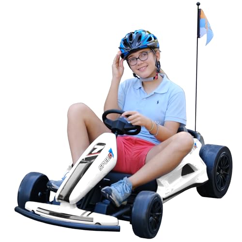 sopbost 24V 10Ah Electric Go Kart with Drifting Function for Big Kids Age 6+, 2WD Ride On Car with Gas and Brake Pedal, Max Speed 7.5Mph, 135 Lbs Load Capacity - White