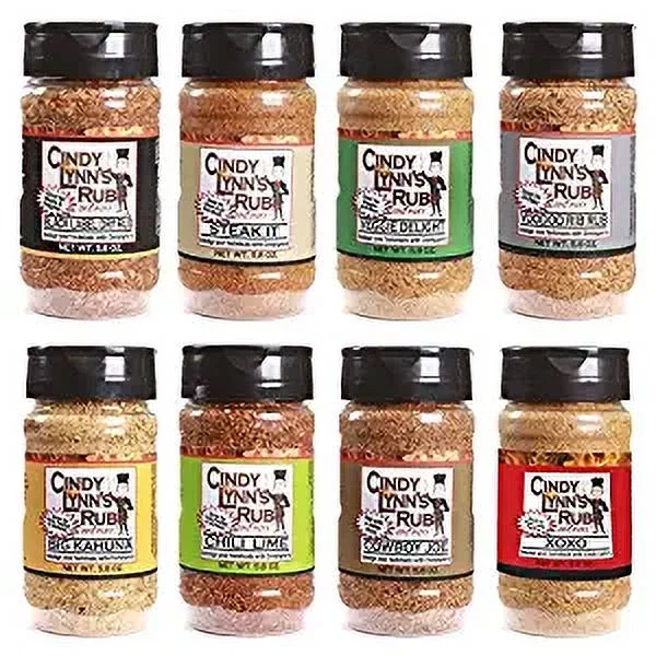 Cindy Lynn's Rubs and More 8-Pack BBQ Seasoning Set, Dry Rubs and Grill Seasonings, MSG-Free Seasonings, 5.5 Oz
