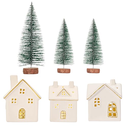 DN DECONATION Light up Christmas Decor Ceramic Village Houses, 3Pcs White Christmas Porcelain Villages with Frosted Trees, Holiday House Figurines Xmas Village Sets for Winter Table Decoration Indoor