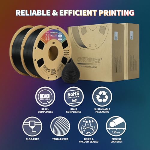 OVERTURE PLA Filament 1.75mm PLA 3D Printer Filament, 2kg Cardboard Spool (4.4lbs), Dimensional Accuracy +/- 0.02mm, Fit Most FDM Printer (Black 2-Pack)